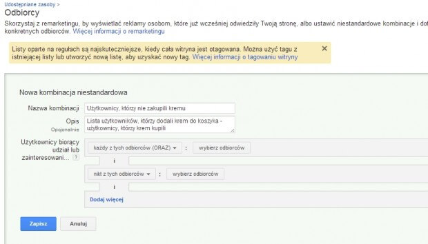 Niestandardowa kombinacja listy remarketingowej