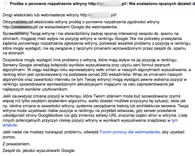 Prośba o ponowne rozpatrzenie witryny: Nie znaleziono ręcznych działań dotyczących spamu