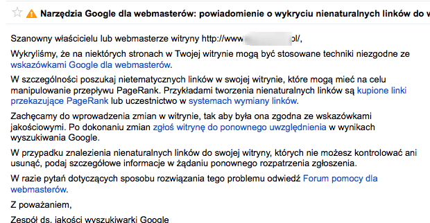 Powiadomienie o wykryciu nienaturalnych linków do witryny