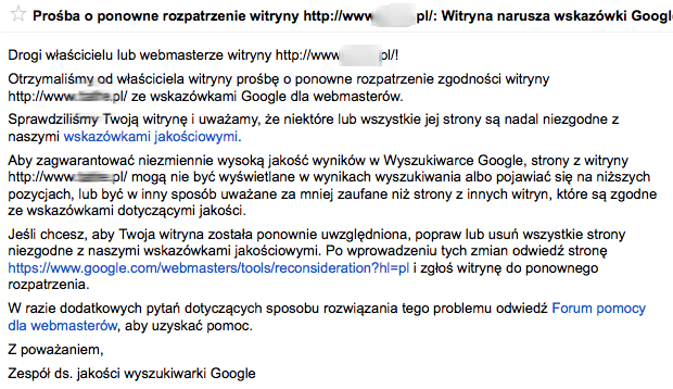 Prośba o ponowne rozpatrzenie witryny: Witryna narusza wskazówki Google dotyczące jakości