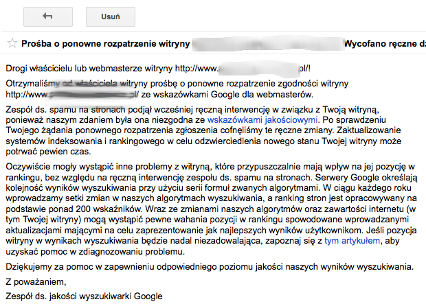 Prośba o ponowne rozpatrzenie witryny: Wycofano ręczne działanie dotyczące spamu