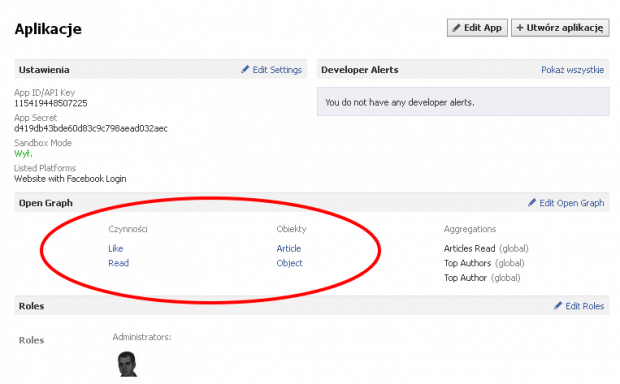 Aplikacja Facebook wyposażona w elementy Open Graph