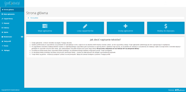Panel główny GoodContent.pl dla zleceniodawcy tekstów